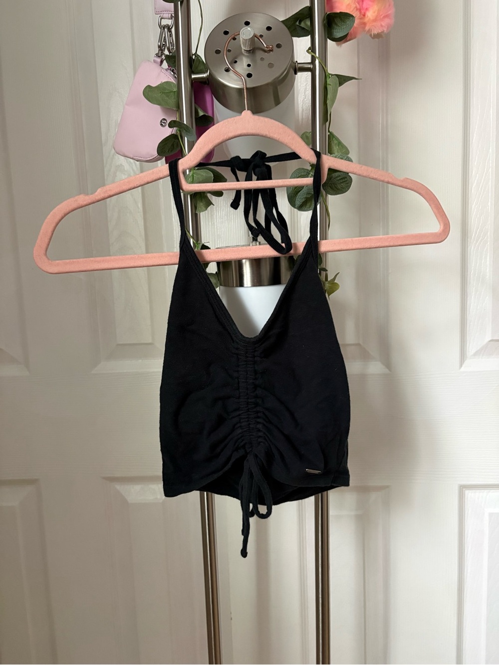 Black Ruched Halter Crop Top
